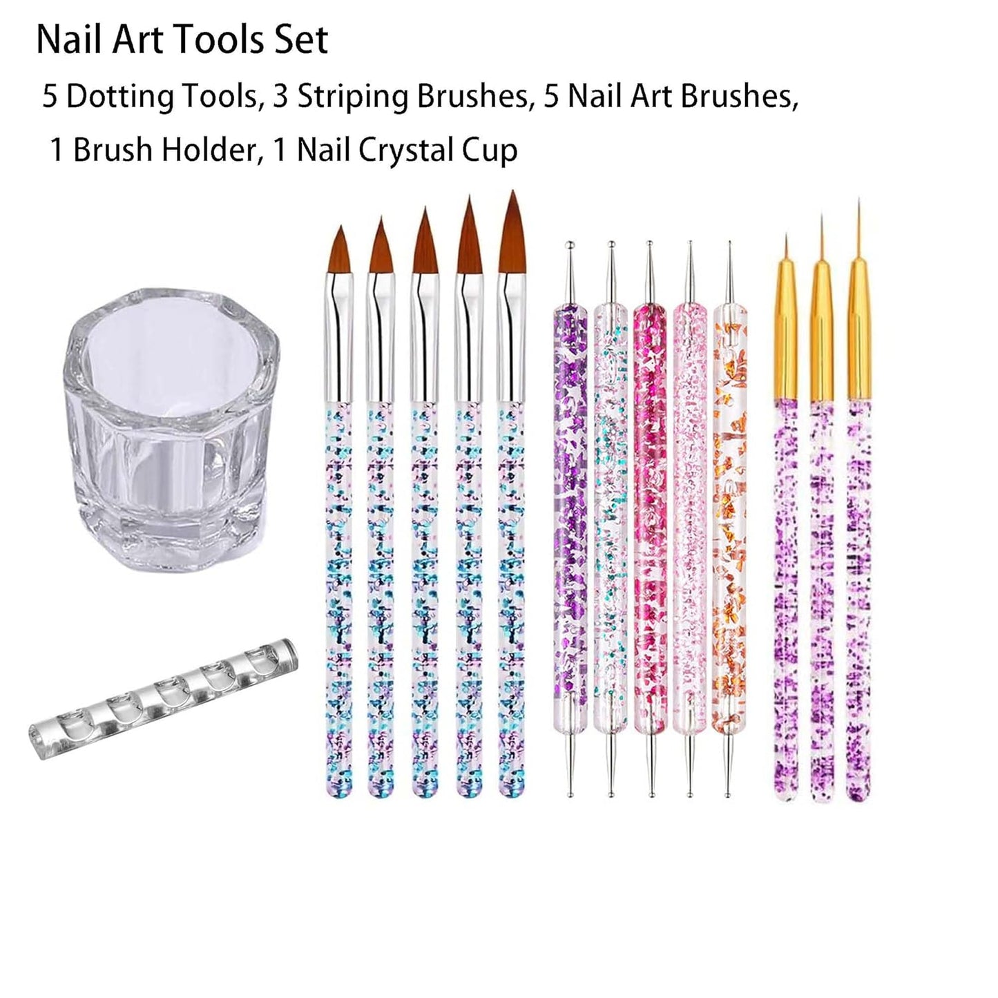 Nail Art Tools Set，including 5 Dotting Tools, 3 Striping Brushes, 5 Nail Art Brushes, 1 Brush Holder, 1 Nail Crystal Cup -Gift it to a friend or treat yourself