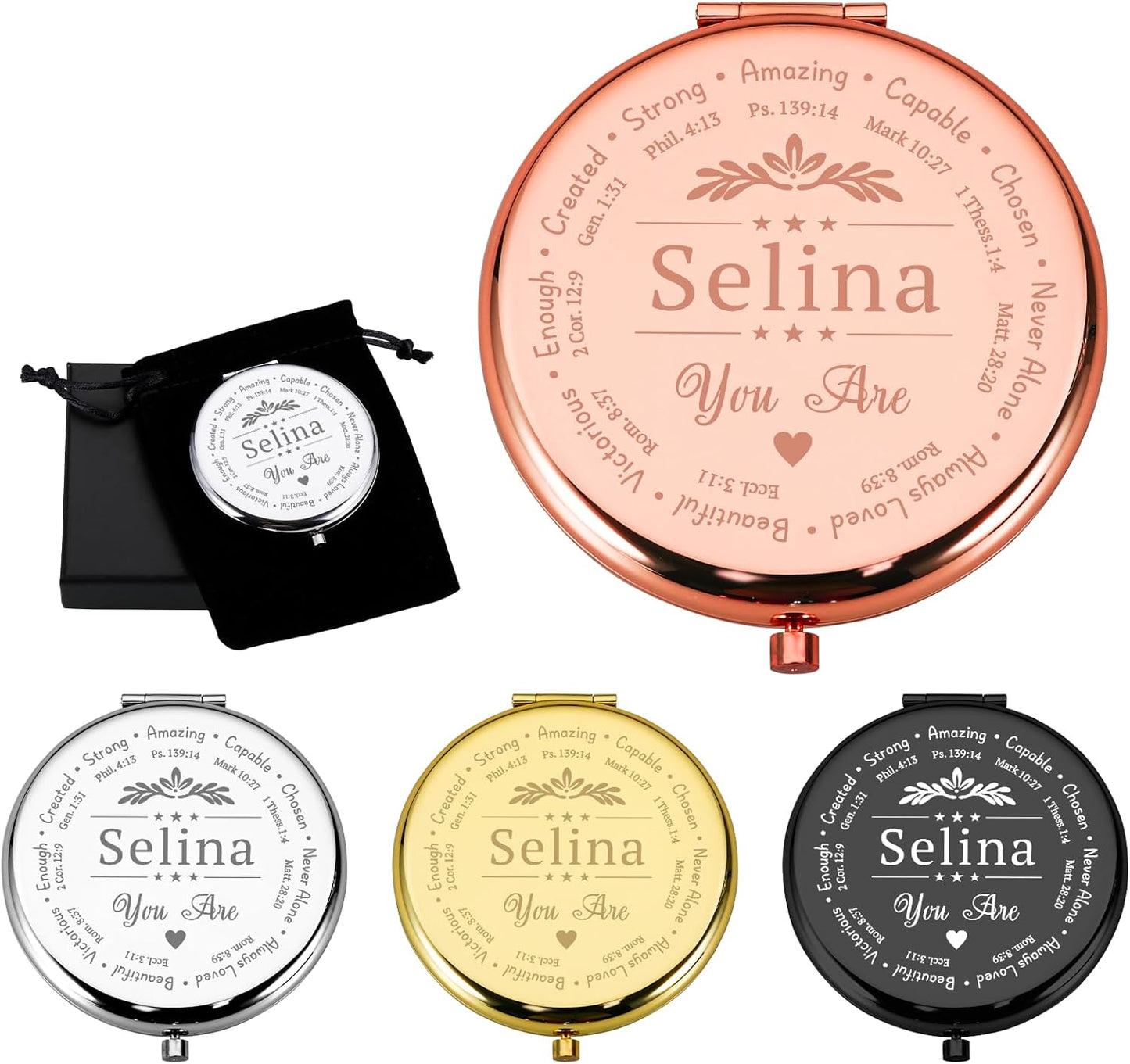 Personalized Inspirational Compact Mirror, Custom Name Christian Compact Mirrors Bulk, Double-Sided 1X/2X Magnifying Pocket Makeup Mirrors, Religious Gift for Women Sister Friend Girl, Birthday Gifts