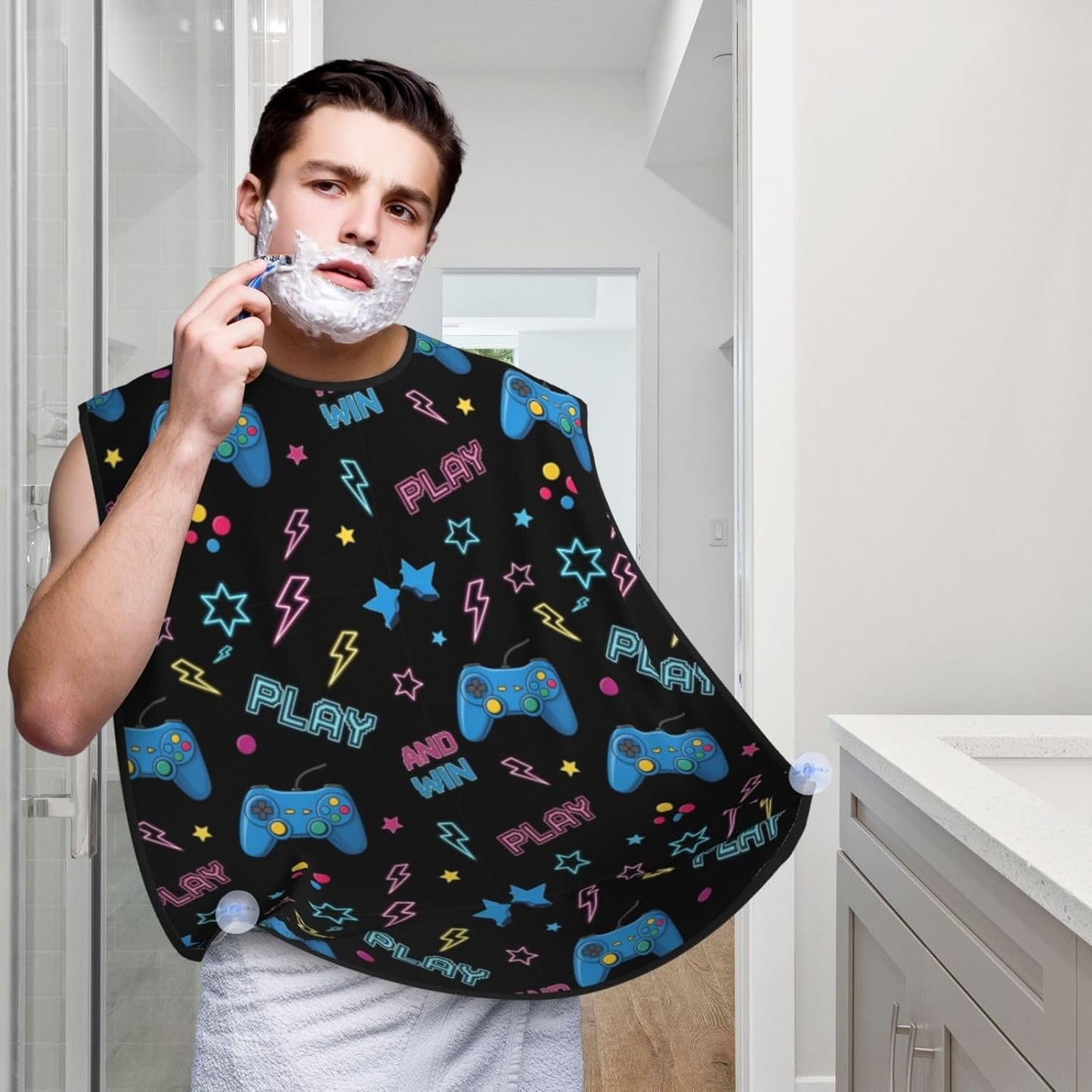 No-Slip Shaving Bib, Beard Grooming Apron with Strong Suction Cups, Video Gamers Video Game Blue