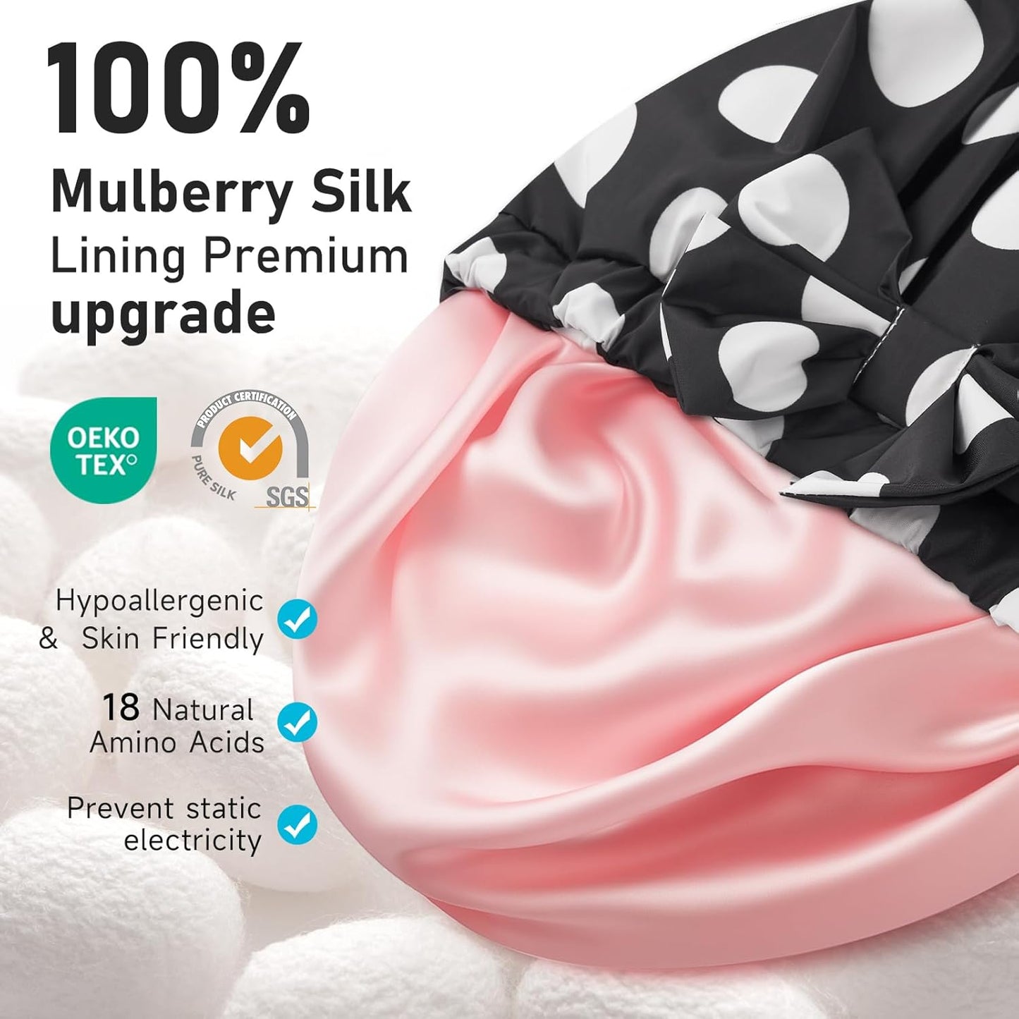 LitBear Luxury Silk Lined Shower Caps for Women Reusable Waterproof, Double Layered Large Bathing Hair Cap with Adjustable Elastic Strap, Non-slip, Quick-dry, for Long Short Hair, Black Dots