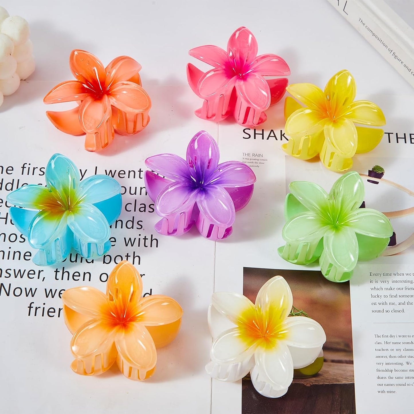 Flower Hair Claw Clips for Women, 8 Pack Hawaiian Flower Hair Clips, Plumeria Claw Clips for Thick Thin Hair, Large Strong Hold Nonslip Hawai Hair Accessories for Women Girls Gifts(Hawaiian-8 Colors)