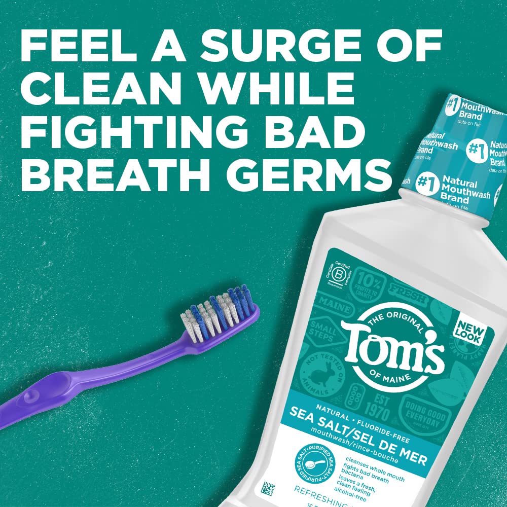 Tom's of Maine Sea Salt Natural Alcohol-Free Mouthwash, Refreshing Mint, 16 Fl Oz (Pack of 3)