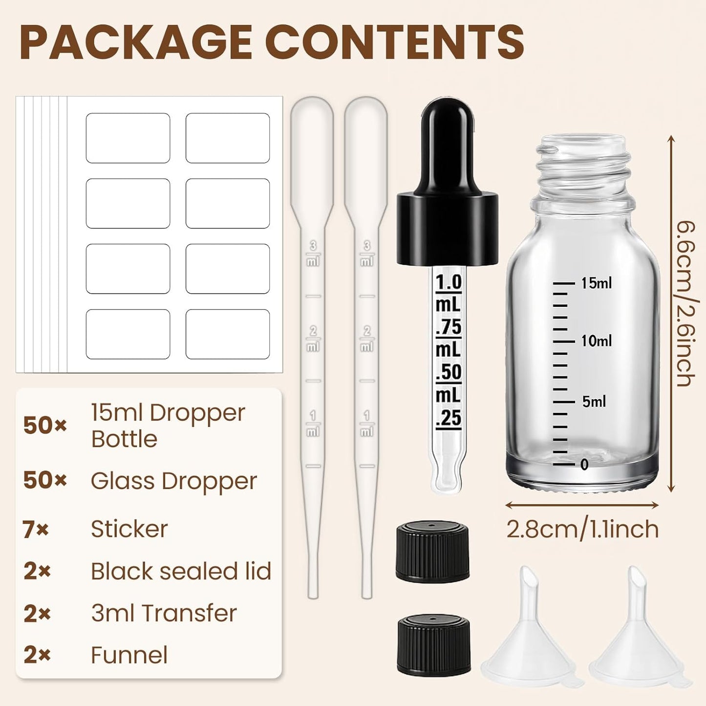 50 Pcs 1/2oz Clear Glass Dropper Bottles with Measurement, 15ml Leakproof Tincture Bottles with Funnels, Eye Droppers, Extra Caps & Labels, Refillable Empty Bottle for Tinctures, Essential Oils