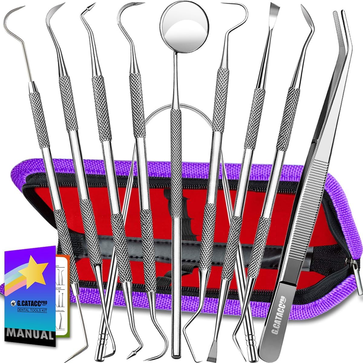 G.CATACC 10 Pack Dental Tools, Professional Plaque Remover for Teeth Cleaning Tools Set, Stainless Steel Hygiene Kit with Dental Pick Tooth Scraper Plaque Tartar Remover Tongue Cleaner - with Case