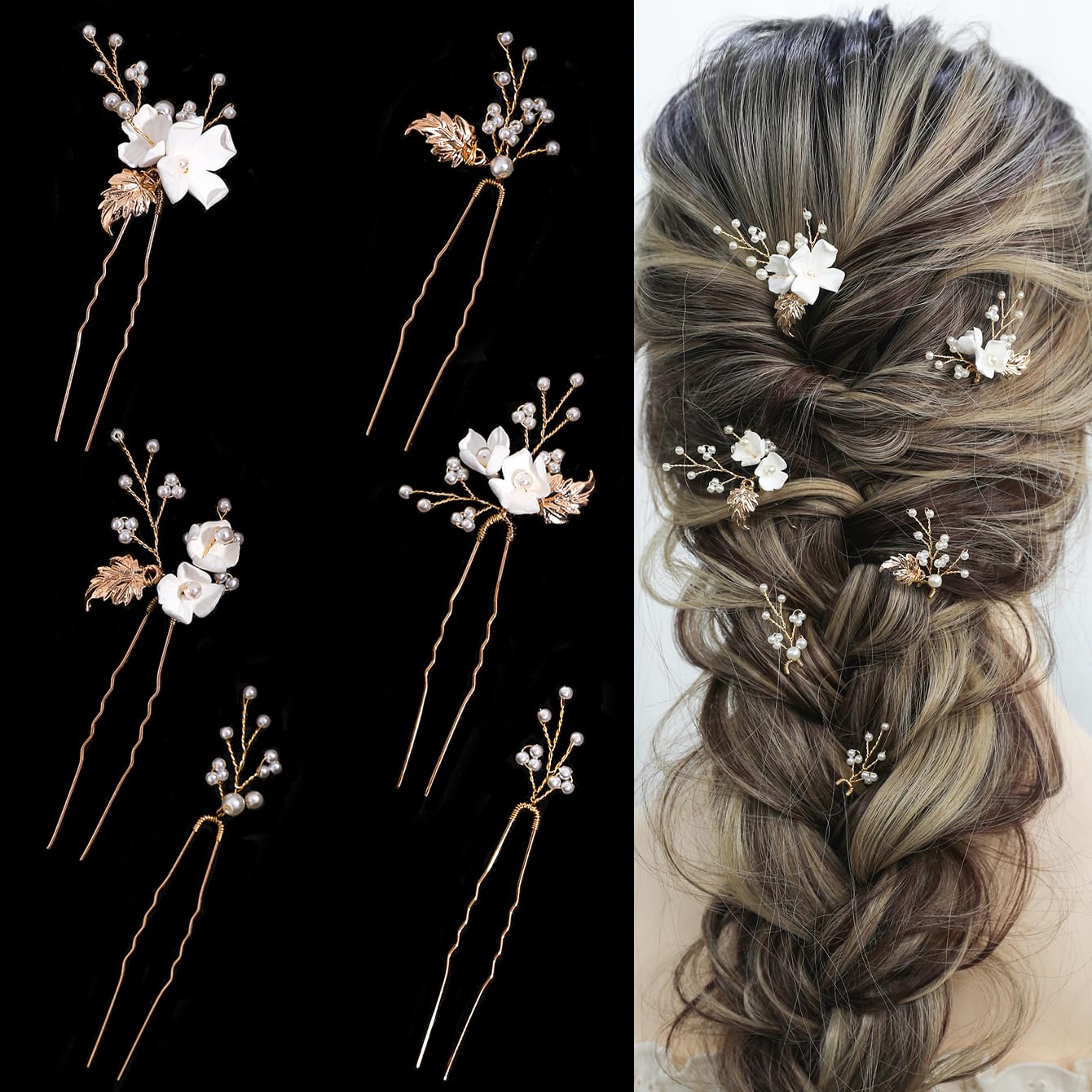 Handmade Pearl Bridal Wedding Hair Pins 6Pcs White Flower Gold Leaf Pearls Clips Bridal Hair Accessories for Women Brides Bridesmaid