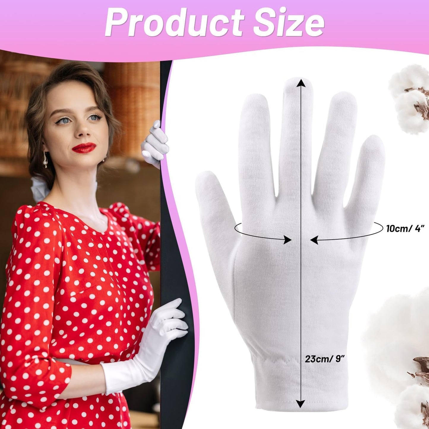 Selizo 12 Pairs 100% White Cotton Gloves for Eczema, Moisturizing Gloves for Dry Hands Overnight Women, Moisture Sleeping Spa Lotion Hand Cream Gloves for Eczema Dry Cracked Hands Sensitive Skin