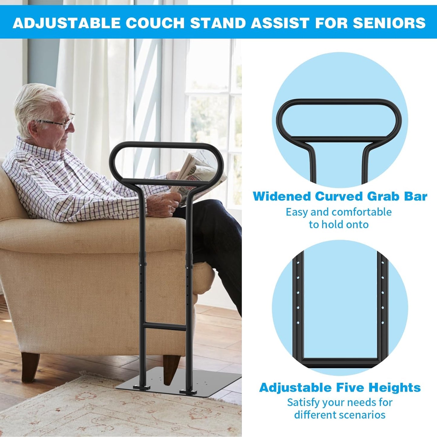 Bed Rails for Elderly Adults Safety, Adjustable Bed Cane for Elderly, Heavy Duty Stand Assist Railing for Seniors, for Couch, Chair, Full, Twin Bed (260LBS Loading, 5 Heights, Black)