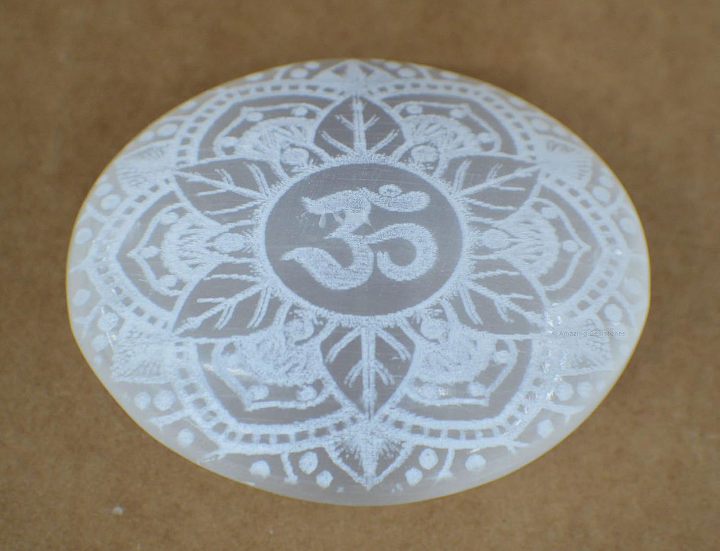 Amazing Gemstone Selenite Palm Stone - OM Engraved Hot Massage Worry Stone for Natural Body Chakra Balancing, Reiki Healing and Crystal Grid