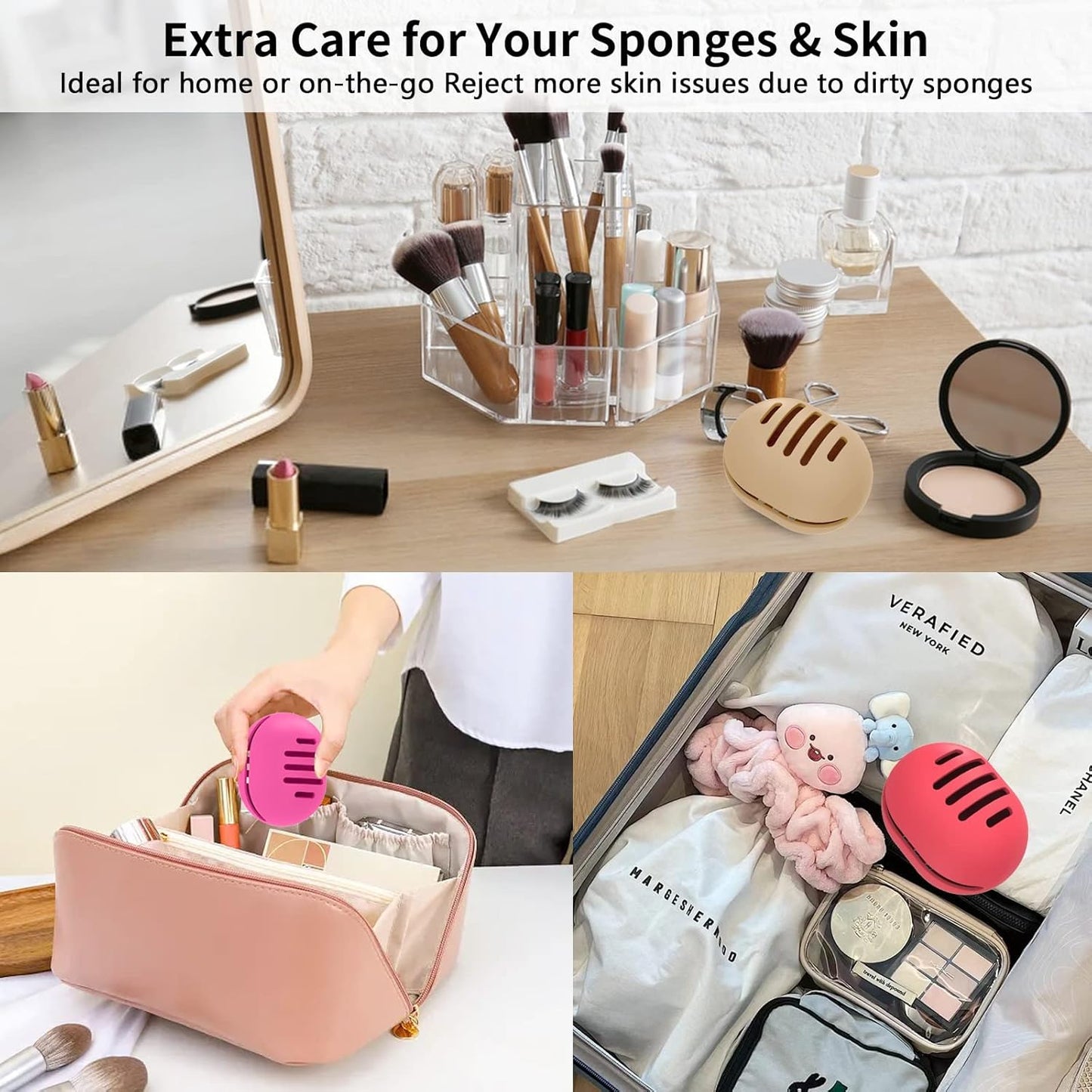 4 Pcs Beauty Blender Holder | Double-sided Breathable Silicone Make-up Sponge Holder Case for Travel or Daily,Shatterproof Beauty Blender Sponge Storage Easy to Clean,Grey+Khaki+Pink+Pink