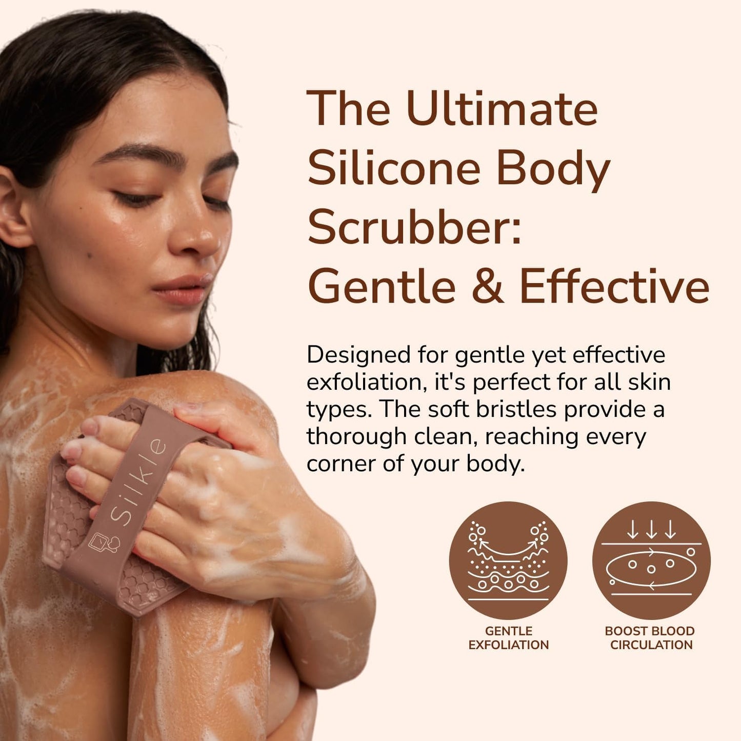 Silicone Body Scrubber - Exfoliating Bath Brush and Skin Cleanser - Shower Sponge for Gentle Body Scrub and Wash - Silicone Scrubbing Care Tool for a Refreshed and Renewed You - Brown