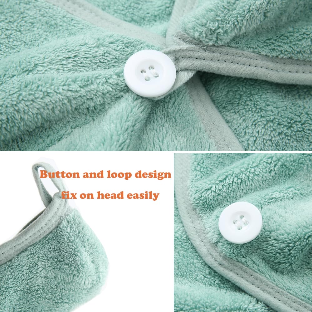 2 Pack Microfiber Hair Towel Wrap,Hair Drying Towel with Button, Hair Towel Turban,Head Towel to Dry Hair Quickly (Green&Green)