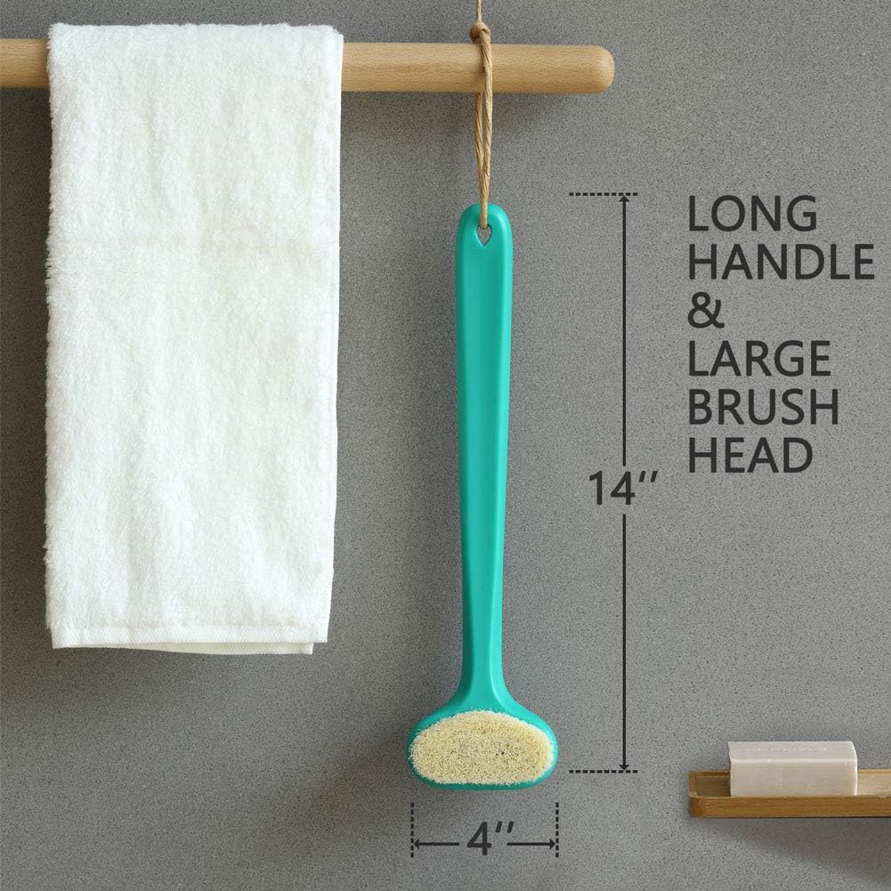 Upgraded Bath Body Brush with Comfy Bristles Long Handle Gentle Exfoliation Improve Skin's Health and Beauty Bath Shower Wet or Dry Brushing Body Brush (14 inch, Green)