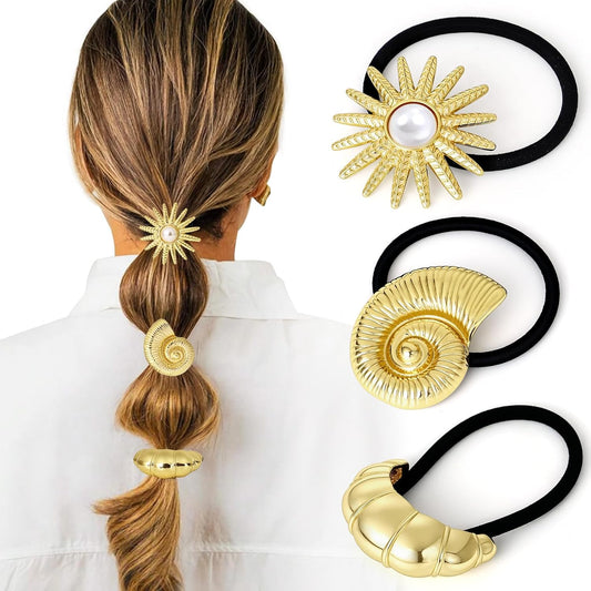 3PCS Gold Hair Ties, Metal Hair Ties for Thick Hair, Gold Ponytail Cuff Elegant Durable Geometric Design, Hair Accessories for Women, Stretchy & Non Damage Ponytail Holders with Pendant Holiday Gifts