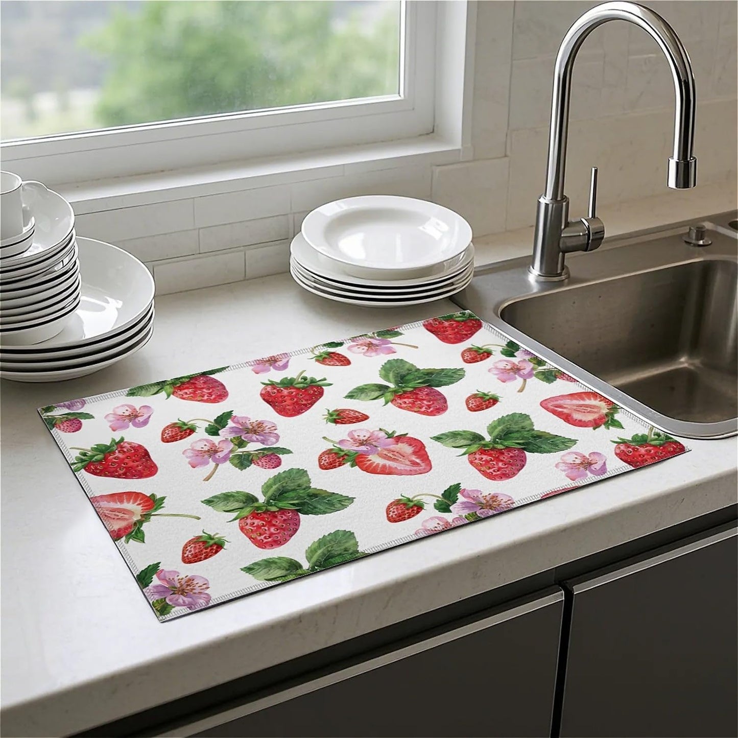 Dish Drying Mat For Kitchen Counter, Cute Watercolor Strawberries Microfiber Absorbent Dish Drainer Rack Pad Reusable Large 18x24in Drying Mat