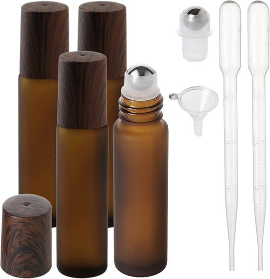 Essential Oil Roller Bottles, 10ml Thick Glass Perfume Roller Bottles with Funnel Opener and Dropper Amber Glass Empty Bottles with Stainless Steel Roller Balls (Amber, 4 Pack)