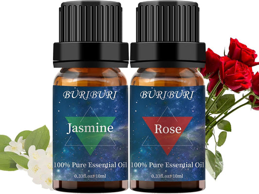 BURIBURI Rose Oil and Jasmine Essential Oil, 2Pcs 100% Pure Aromatherapy Rose Essential Oil Gift Set for Diffuser, Massage, Soap Candle Making