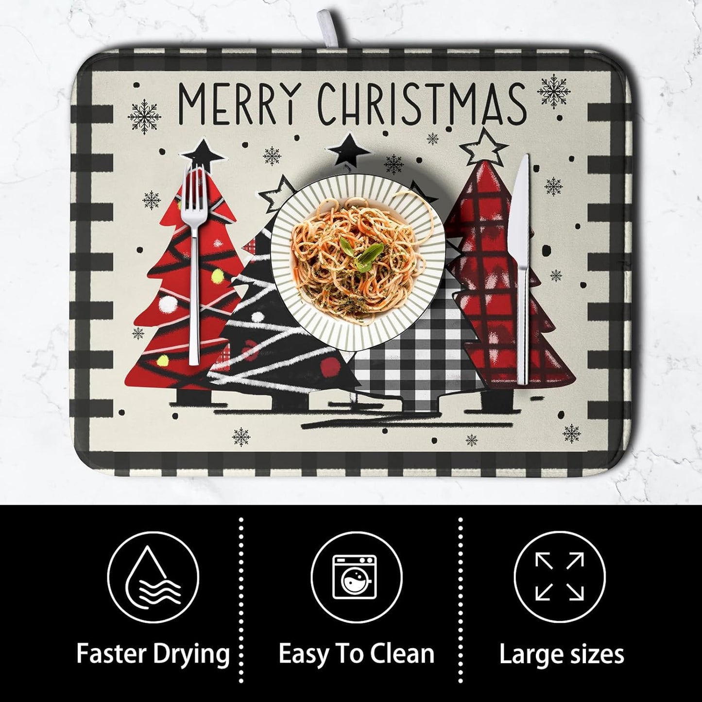Merry Christmas Dish Drying Mats for Kitchen Counter 16x18 Buffalo Plaid Christmas Tree Microfiber Absorbent Drying Mat Seasonal Winter Holiday Drying Pad Dish Drainer Mat for Coffee Bar Sinks
