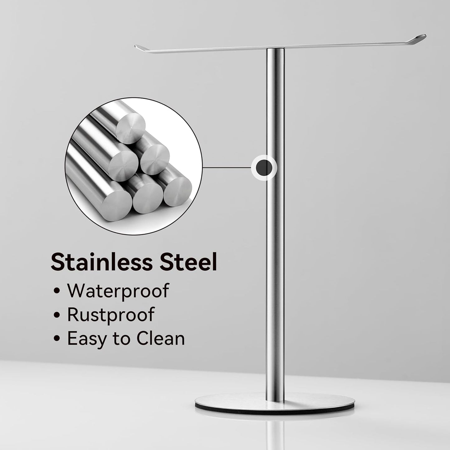 Silver Hand Towel Holder Stand – Countertop T-Shaped Stainless Steel Towel Rack with Non-Slip Base for Vanity and Kitchen