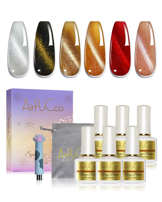 All-in-One Cat Eye Gel Nail Polish Kit, 6 Colors in Luxury Metallic Tones(Brown & Amber Gold, Red, Silver, Nude Pink), Soak Off Nail Art Set for Home DIY Manicure, Ultra-Portable Design