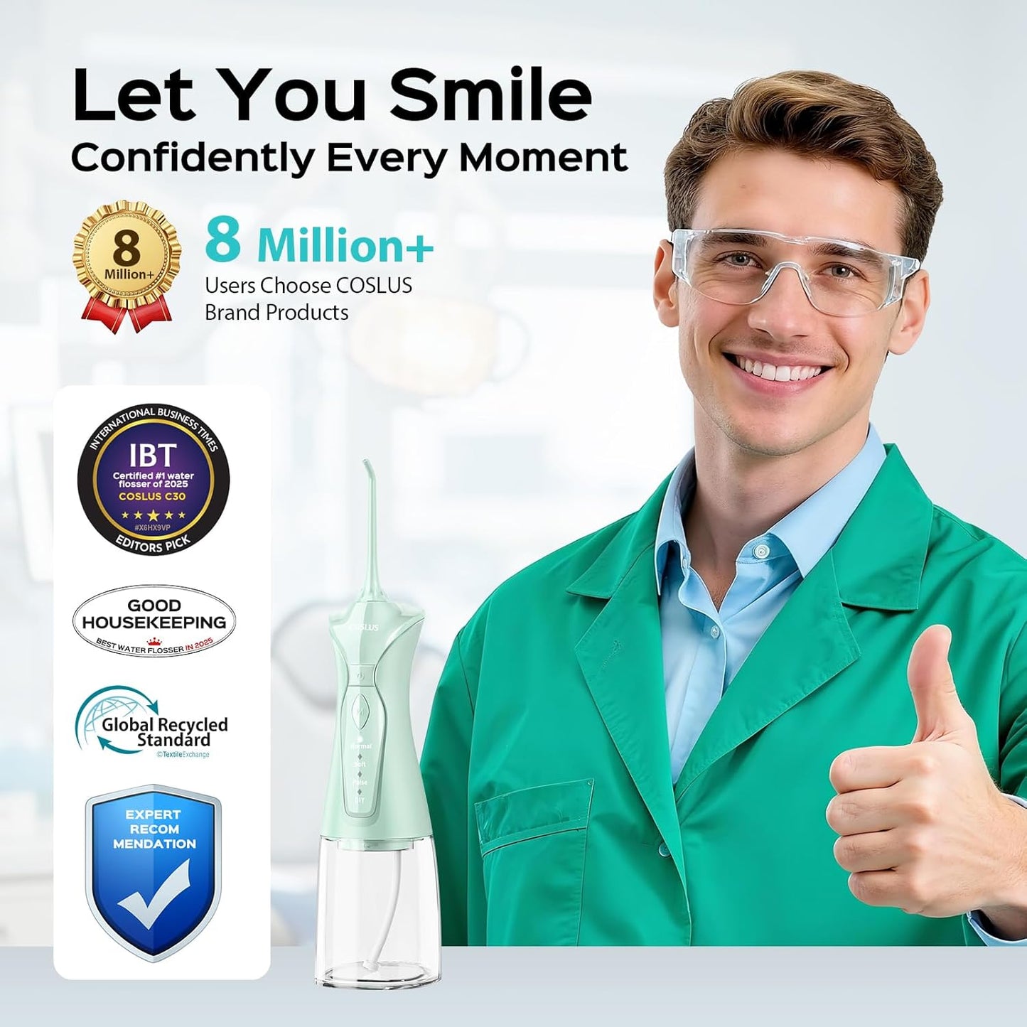 COSLUS Water Dental Flosser Pick for Teeth: 4 Modes Cordless Portable 300ML Larger Tank Water Teeth Cleaner IPX7 Waterproof Flossing Cleaning Picks for Home Travel Green C30(FC5360)