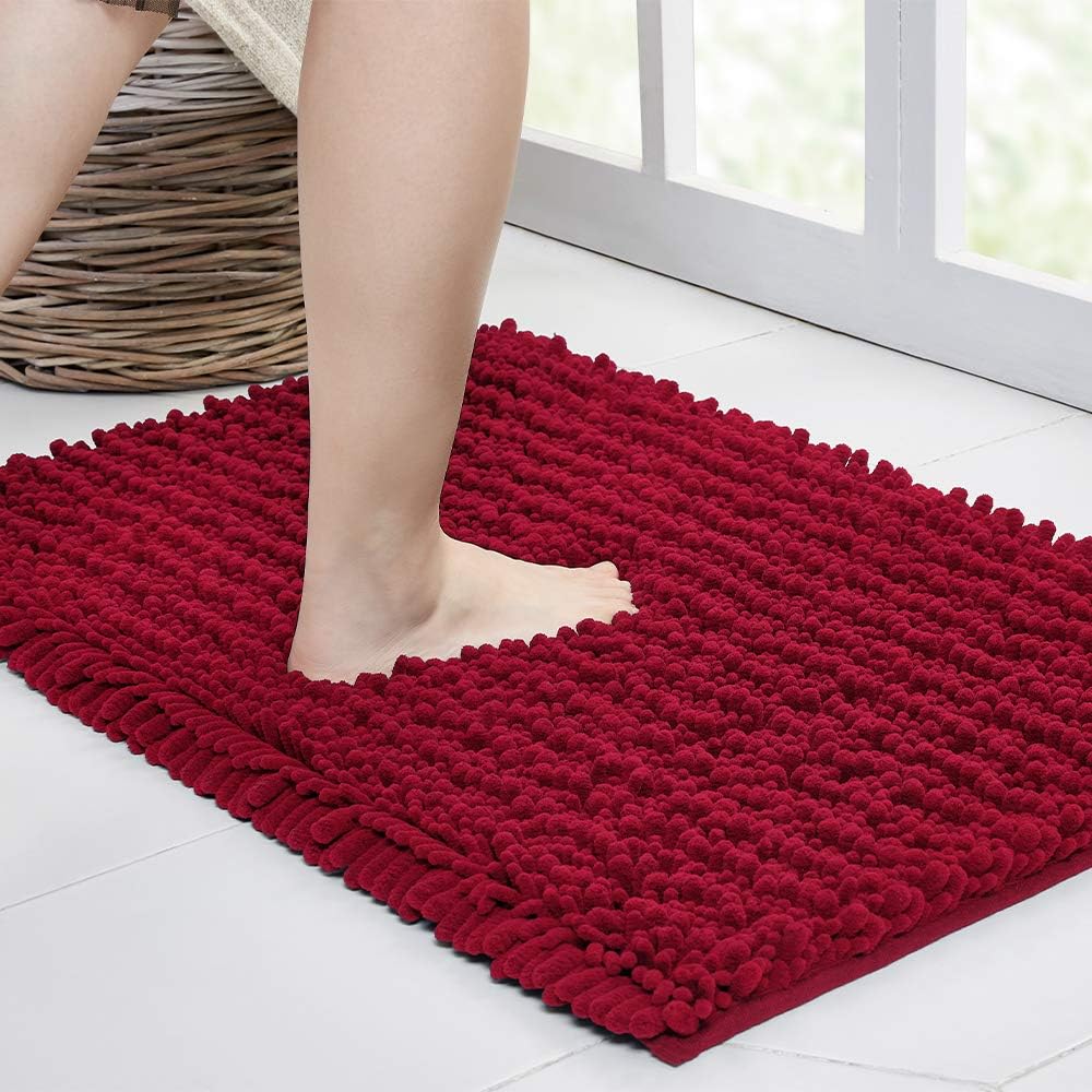 Walensee Bathroom Rug Non Slip Bath Mat (36x24 Inch Red) Water Absorbent Super Soft Shaggy Chenille Machine Washable Dry Extra Thick Perfect Absorbant Best Large Plush Carpet for Shower Floor