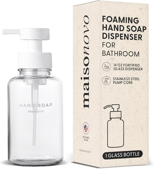 MaisoNovo Glass Foaming Hand Soap Dispenser 14 Oz | Clear Foaming Soap Dispenser Clear Bottle White Pump x 1 w/Labels