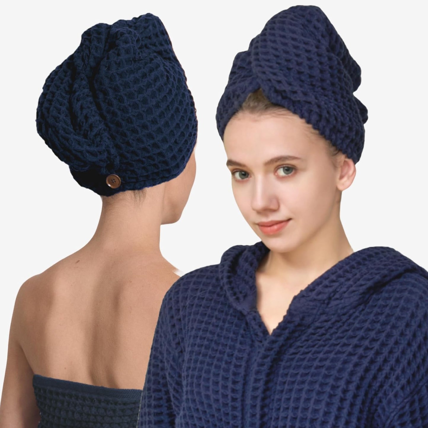 Hair Towel | 100% Cotton Silk Hair-Drying Waffle Wrap Turban for Women, Ultra-Absorbent, Anti Frizz, Hair Damage Protection for Straight and Curly Hair (Ocean Blue, Pack 1)