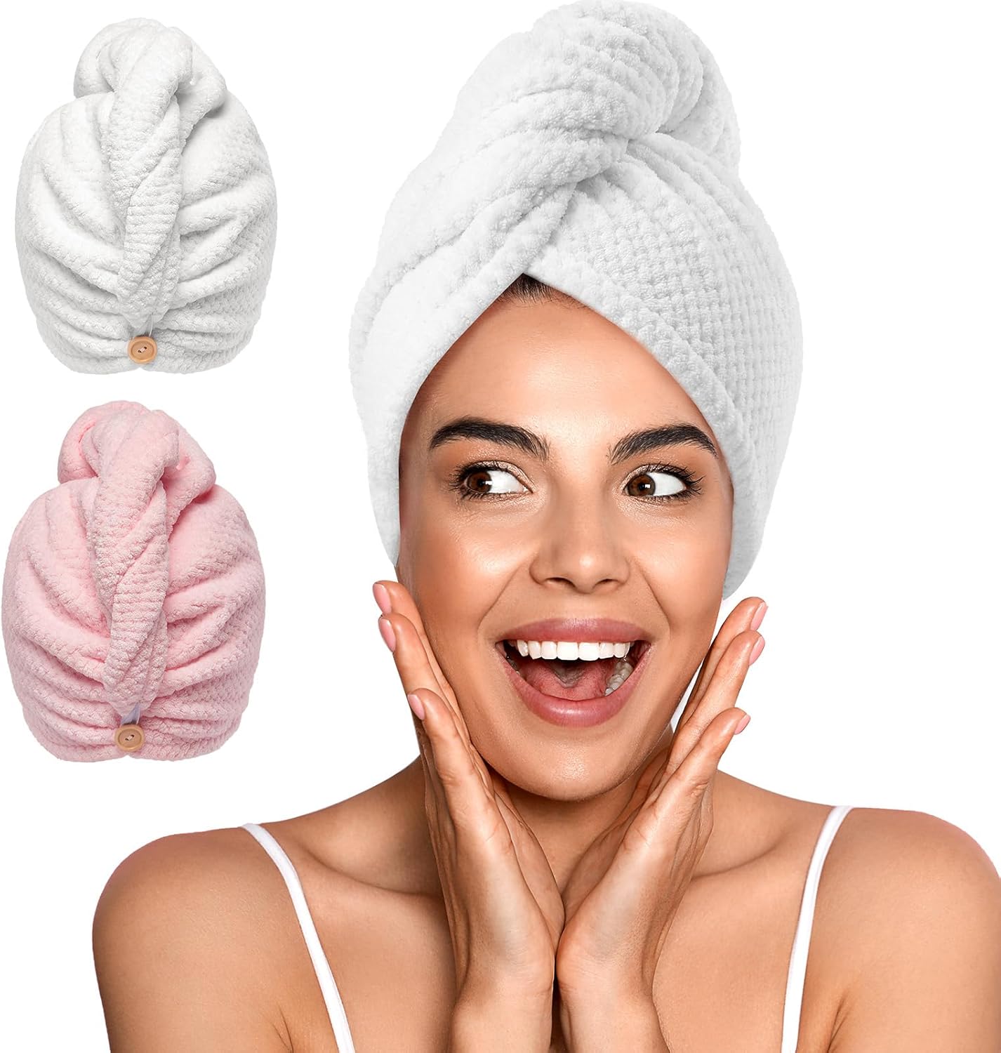 YFONG 2 Pack Microfiber Hair Towel Wrap for Women, Super Absorbent Quick Dry Hair Turban for All Hair Style Anti Frizz, Large Hair Drying Towel with Button