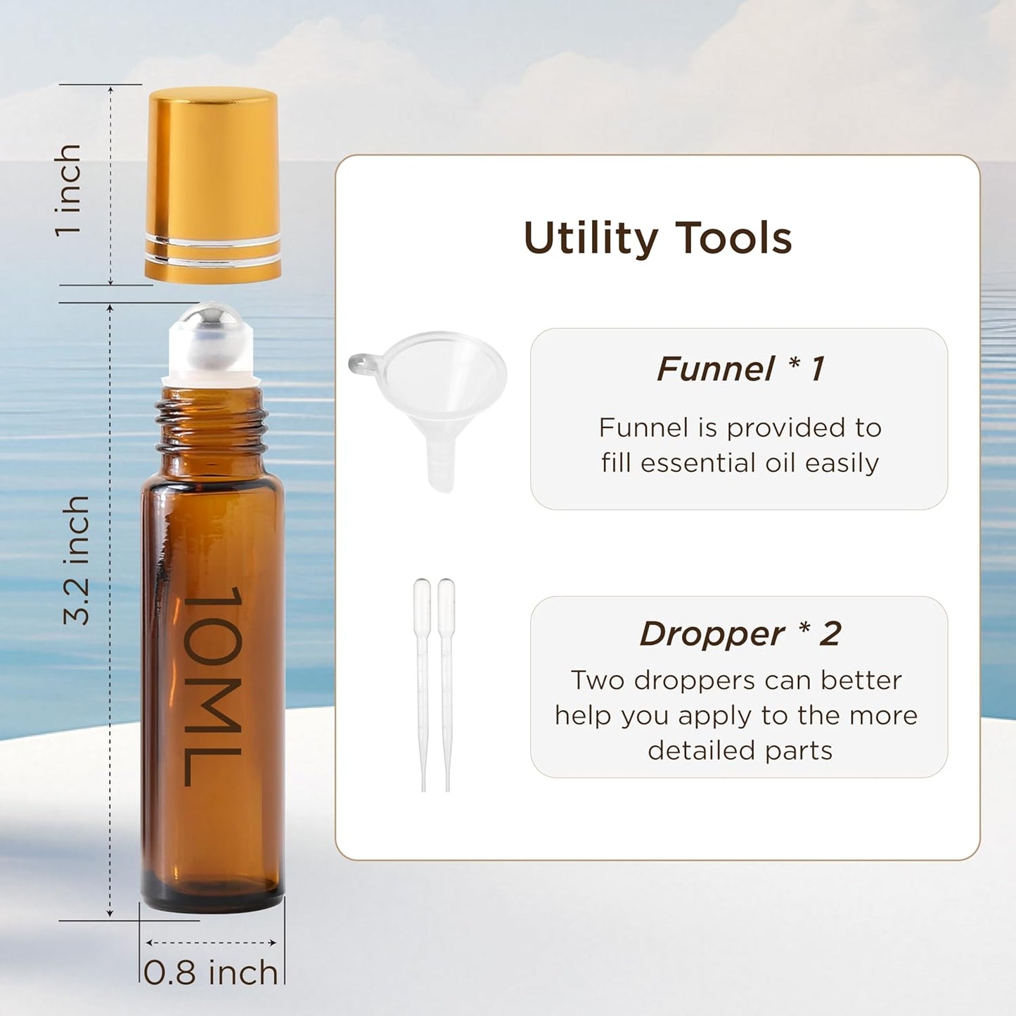 Essential Oil Roller Bottles, 10ml Thick Glass Perfume Roller Bottles with Funnel Opener and Dropper Colored Glass Empty Bottles with Stainless Steel Roller Balls (Brown - golden cover, 4 Pack)