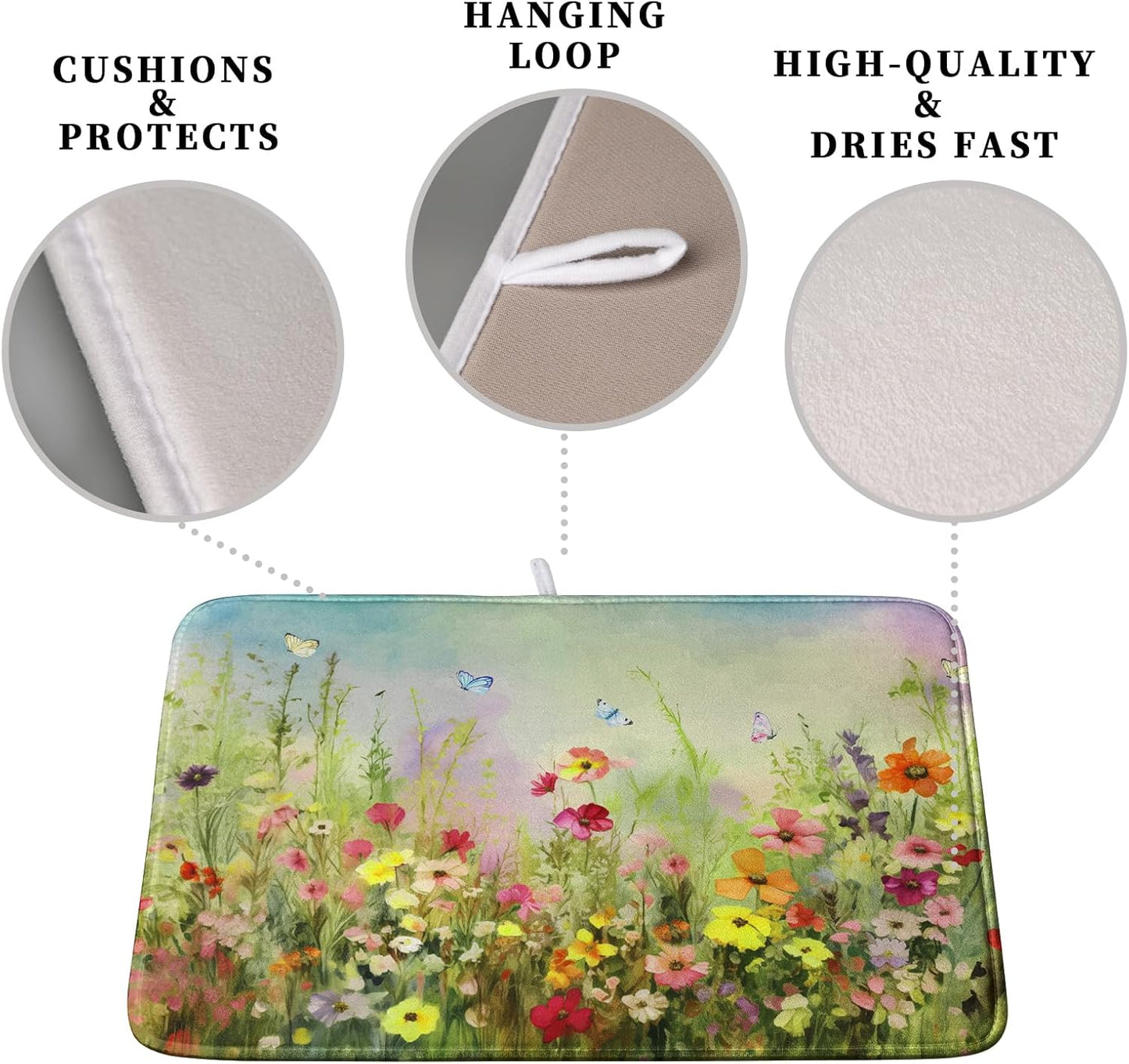 Spring Floral Dish Drying Mat for Kitchen Counter 18x24 Inch Sage Green Wild Flowers Drying Mats Spring Summer Plant Microfiber Absorbent Large Dish Rack Pad for Coffee Bar Sinks Home Accessories