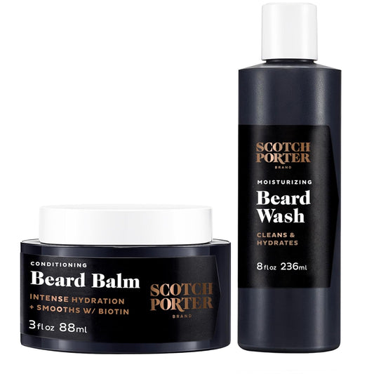 Scotch Porter Conditioning Beard Balm & Moisturizing Beard Wash Bundle – Smooth, Shape, Moisturize & Cleanse while Encouraging Growth for Fuller/Healthier-Looking Facial Hair – Two Pack
