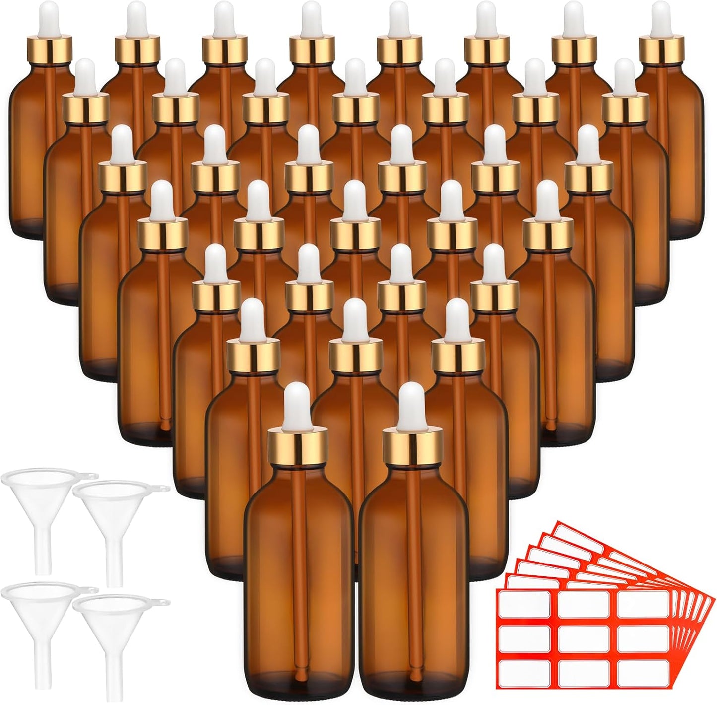 Dandat 50 Pack 4 oz Glass Dropper Bottles Leakproof 120 ml Glass Tincture Bottles with Eye Droppers, 4 Funnels, 54 Labels for Essential Oil Perfumes Hair Oil(Dark Brown)