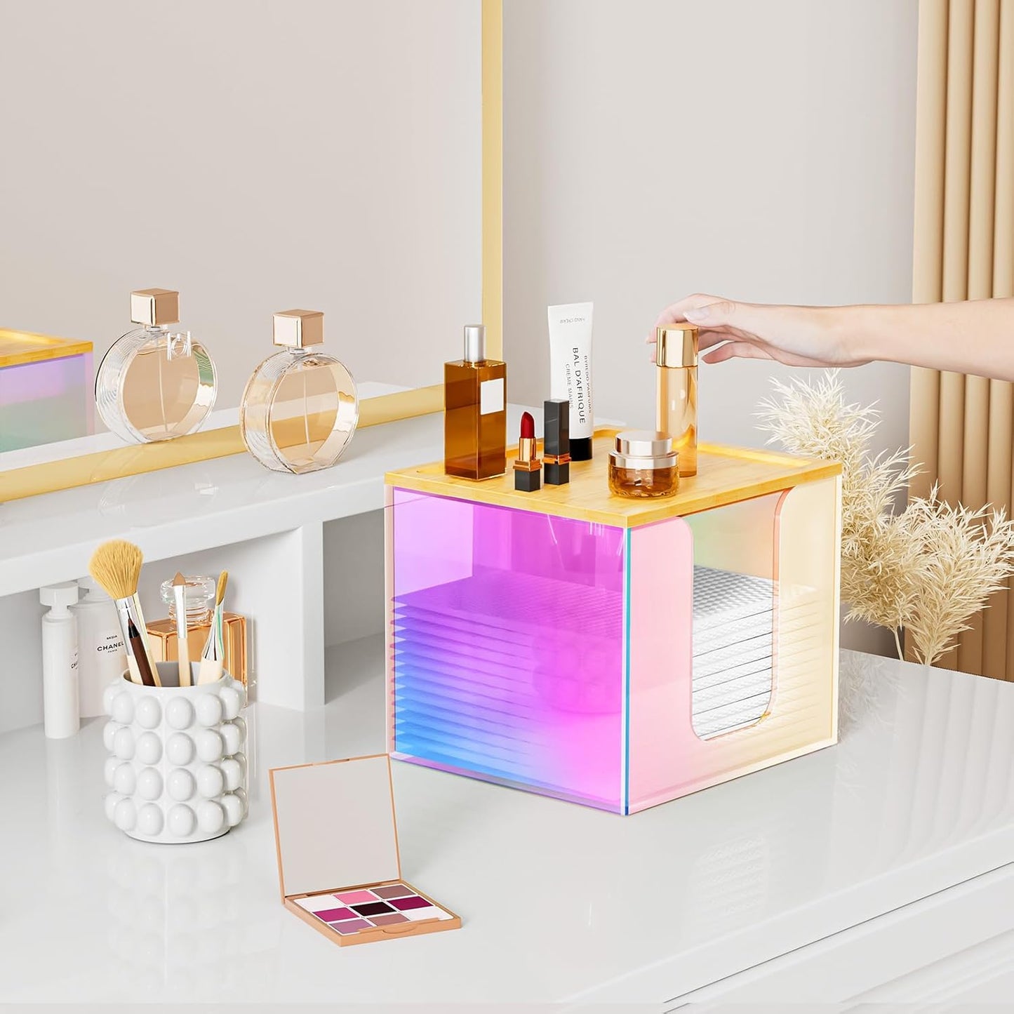 VITVITI Disposable Face Towel Holder Box, Acrylic Facial Towel Container for XL Clean Skin Club, Large Disposable Face Towels Storage with Bamboo Lid, for Bathroom, Vanity Makeup, Rainbow