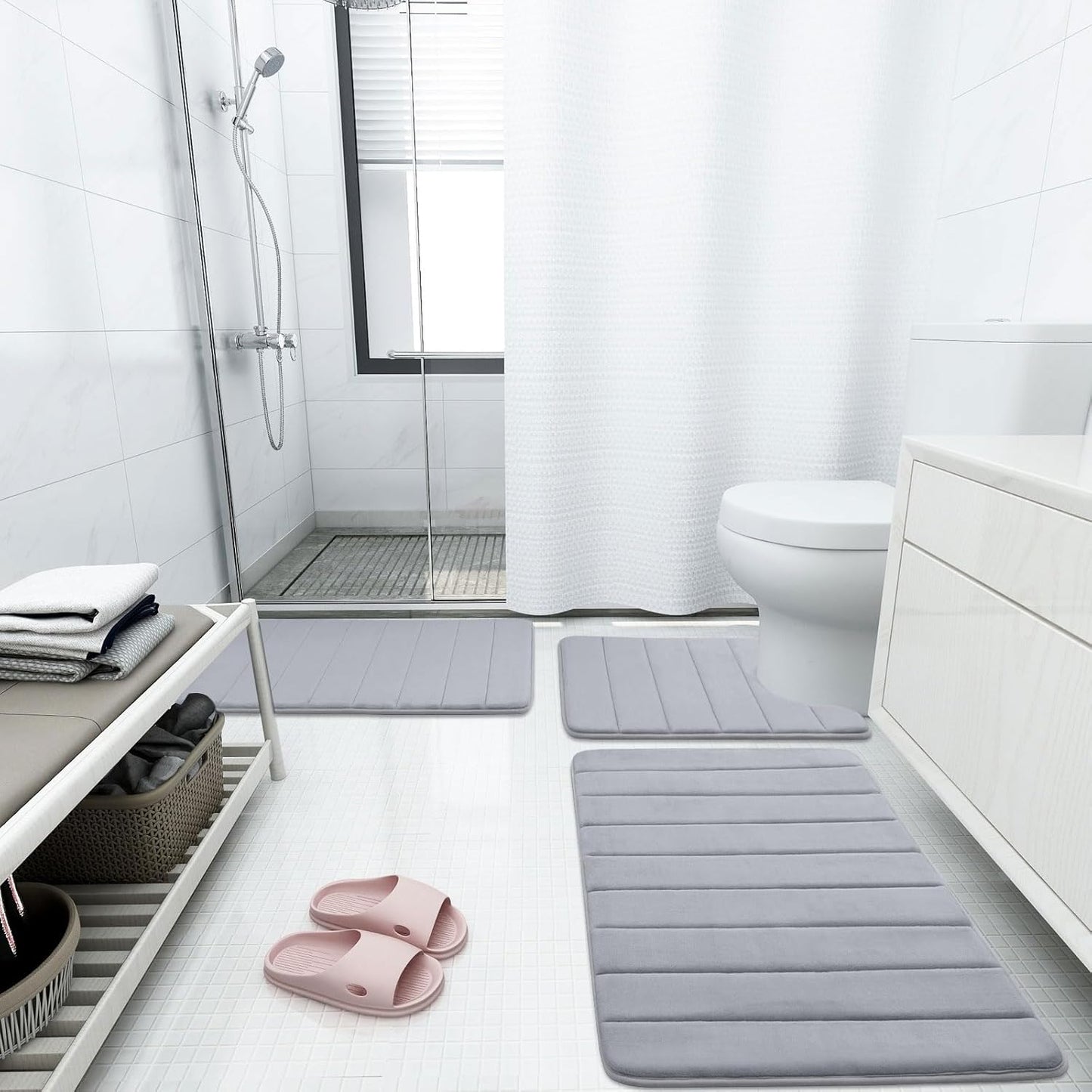 Buganda Memory Foam Bath Mat, 47" x 24", Ultra Soft and Non-Slip Bathroom Rugs, Water Absorbent and Machine Washable Bath Rug Runner for Bathroom, Shower, and Tub, Medium Grey