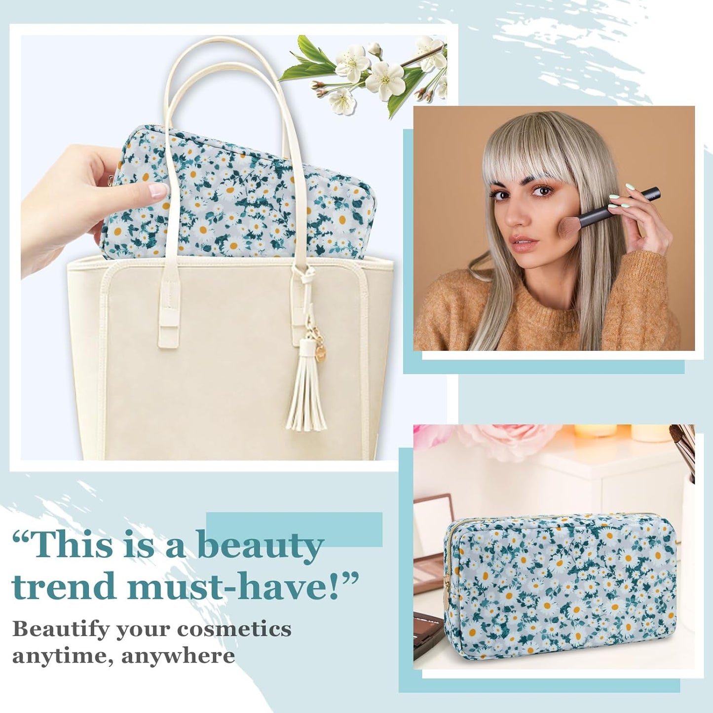 Nylon Small Floral Makeup Bag for Purse, Cute Preppy Makeup Bag Flower Cosmetic Zipper Pouch Purse, Waterproof Portable Travel Toiletry Makeup Brush Coin Pouch Organizer Storage for Women(Green-Daisy)