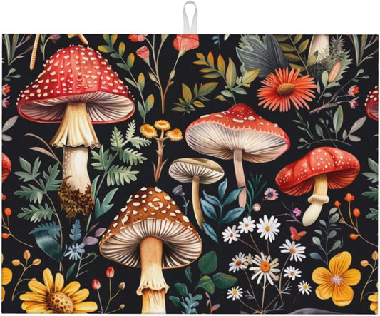Forest Floral Mushroom Dish Drying Mat For Kitchen Counter Absorbent Large Kitchen Fast Dry Pad Reusable Washable Protector Rack Large Mat 18 X 24