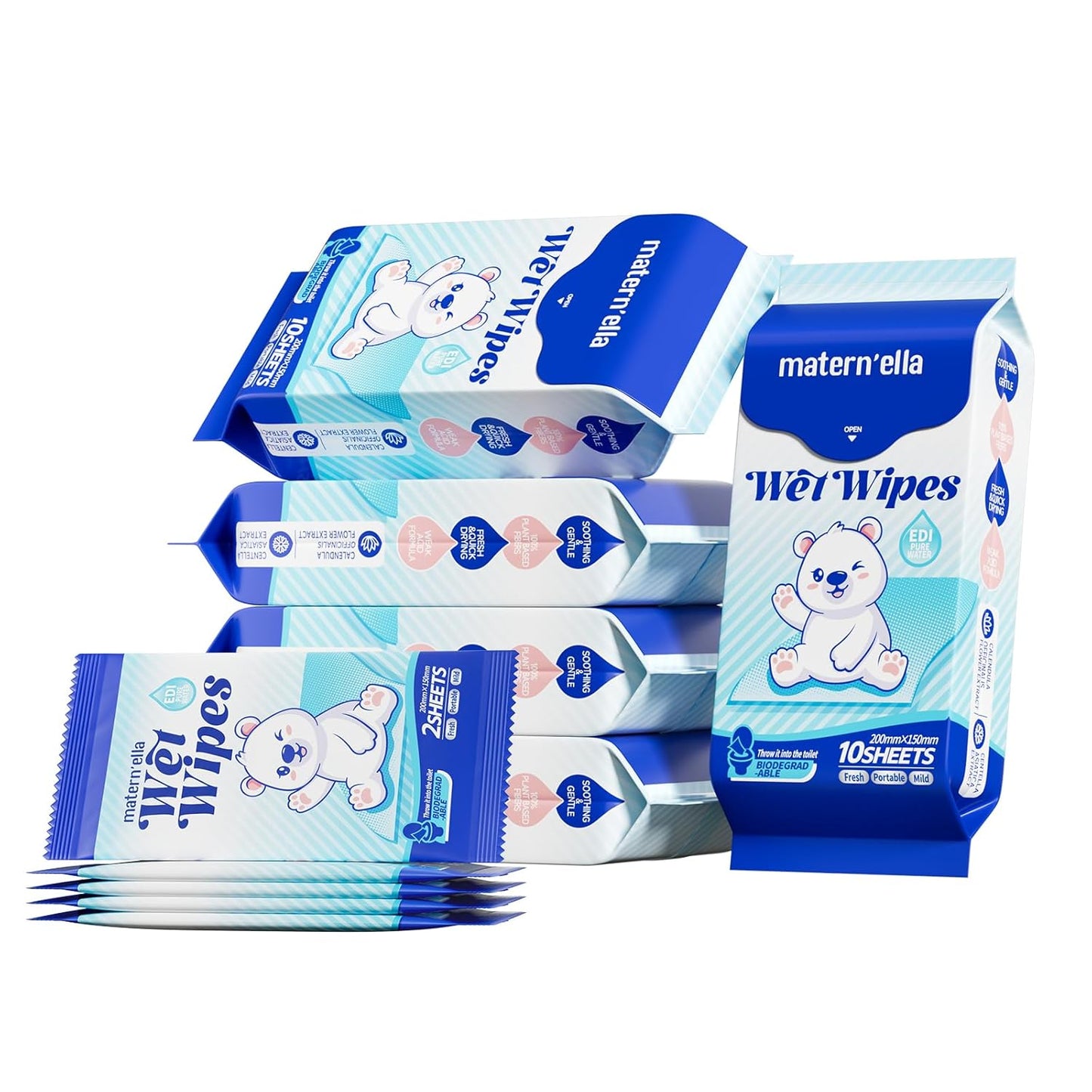 MATERN'ELLA Pocket Butt Wipes, On-The-Go, Calendula & Centella Asiatica Extract & Flushable Wipes, Fragrance free & Extra Large Total 60 Wipes (5 Packs + 5 Travel）