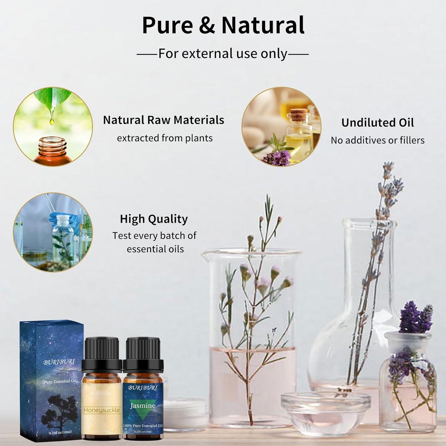 BURIBURI Honeysuckle Oil and Jasmine Essential Oil Set 2 Pack, 100% Pure Diffuser Oil Honeysuckle Essential Oil for Massage, Soap Making