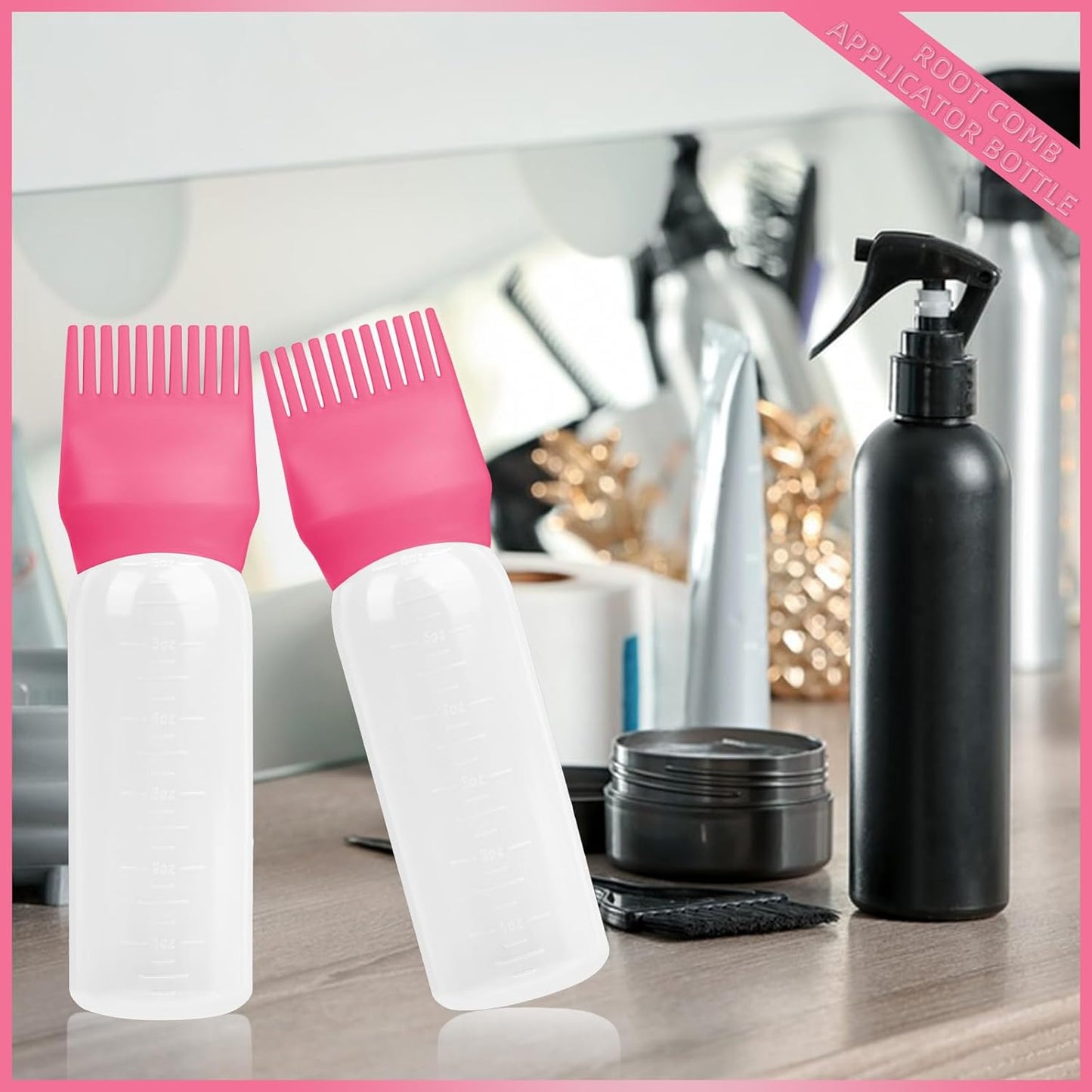 BLAAROOM Root Comb Applicator Bottle 6 Ounce, 2 Pack Hair Oil Applicator with Root Comb Brush - Dark Pink