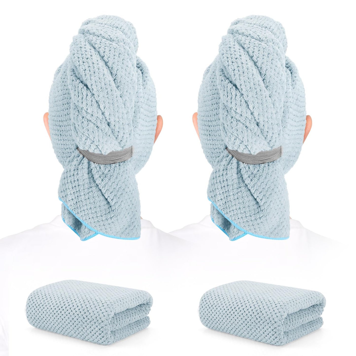 BEoffer 2 Pack Microfiber Hair Towel - 41 x 24 inches Super Soft, Absorbent, Fast Drying Without Frizz Hair Towel Wrap for Women Long, Thick, Curly Hair - Hair Turbans with Elastic Strap