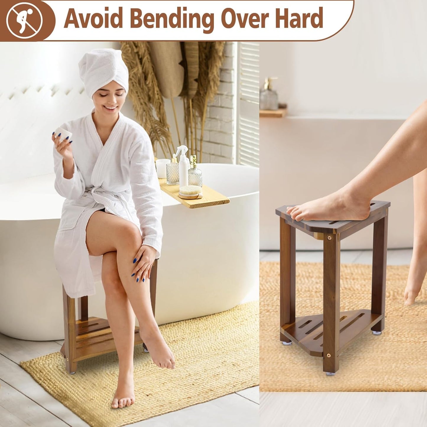 IBosins 16in Shower Foot Rest Corner Shower Stool for Shaving Legs with Storage Shelf Small Bench for Inside Shower to Sit on Bath Seat - Acacia Wood
