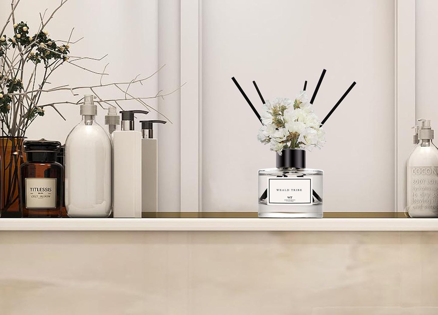 WEALD TRIBE Real Flower Reed Diffuser Set of 3 for Bathroom Shelf Decor, Lemongrass,Eucalyptus & Mint,Velvet Vanilla Scent Sticks Defusers with Essential Oils | Home Office Fragrance(1.7 fl oz/Pack)