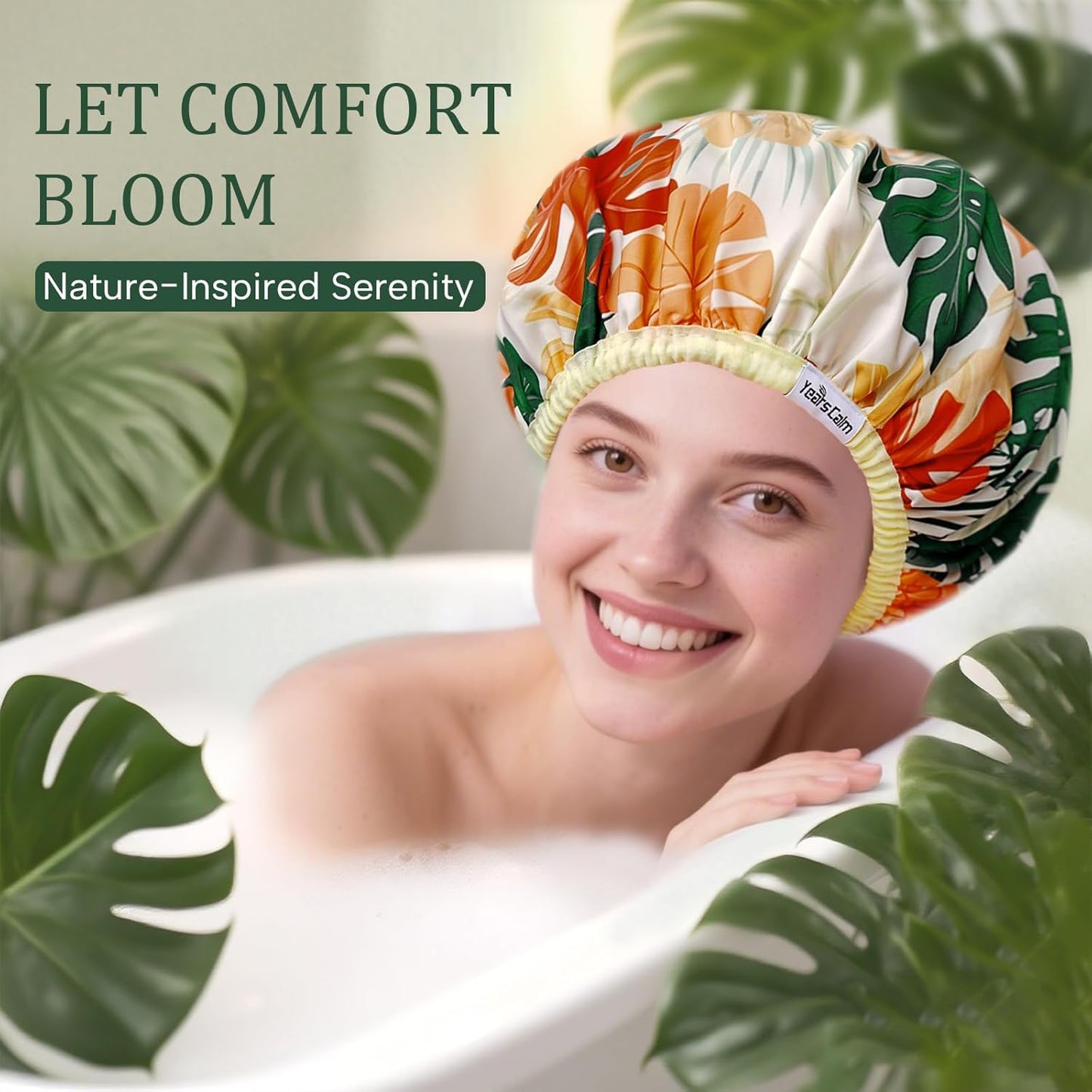 Years calm Shower Caps for Women Reusable Waterproof – Double Layer Elastic Cap with Tropical Botanical Print Shower Cap for Shower, Spa, Travel, Bath & Daily Hair Protection