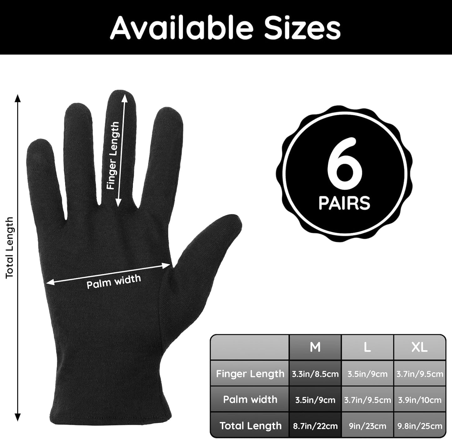 Segbeauty 12 Counts Black Lotion Cotton Gloves Women for Dry Hands Overnight, 6 Pairs Moisturizing Hand Cotton Gloves for Men, Reusable Spa Moisture Glove for Working, Soft Sleep Lotion Glove Medium