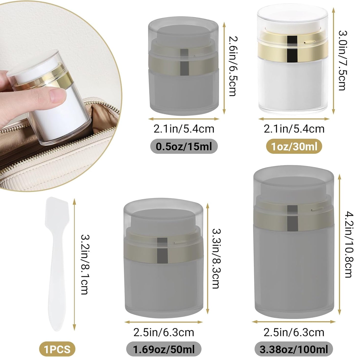 Segbeauty 1oz Travel Jars for Creams, 4pcs 30ml Airless Pump Jars Refillable Travel Bottles Empty Makeup Containers Lotion Dispenser, Gold Jar for Creams for Toiletries Moisturizer Container