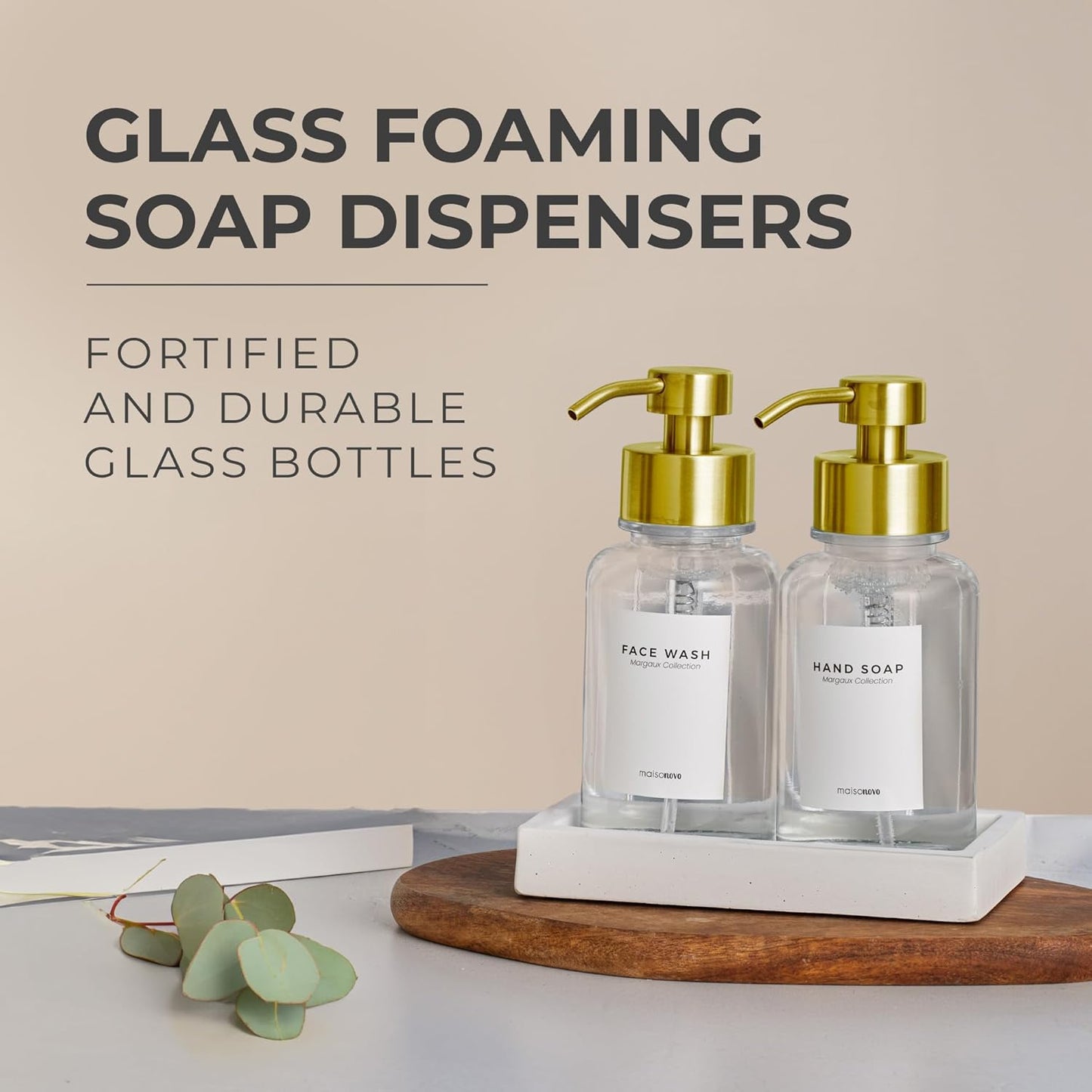 MaisoNovo Glass Foaming Soap Dispenser | Clear Glass Gold Pumps x 2 with Tray