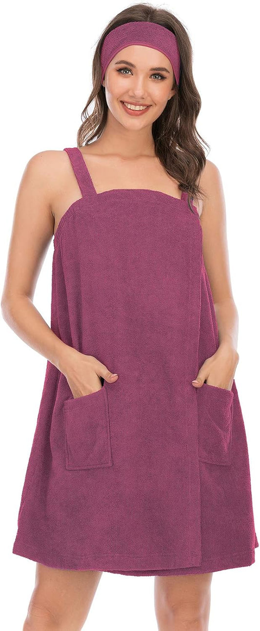 Veseacky Women Bath Wrap Towel for Womens Shower with Pocket Adjustable Spa Robe & Facial Headband