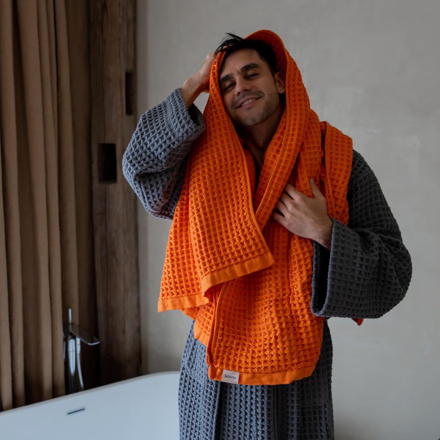 Luxury Japanese Cotton Waffle Bath Towel | Plush, Absorbent, and Quick Dry | Free Storage Bag Included (Coral Orange, Bath Sheet (2 Pack))