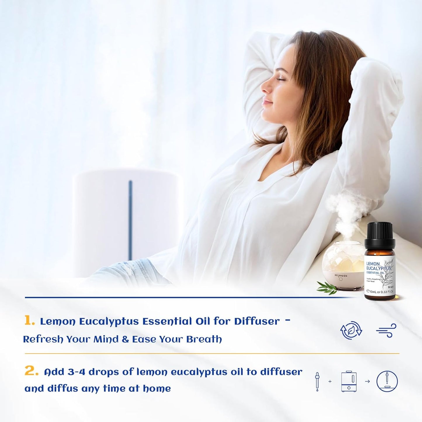 HIQILI Lemon Eucalyptus Oil, for Spary, Diffuser, Indoors, Outdoors, Garden, Yard, 100% Pure Natural - 0.33 Fl Oz