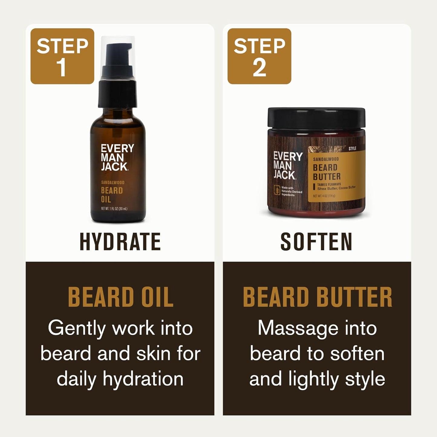 Every Man Jack Beard Oil & Beard Butter Bundle - Sandalwood Fragrance - Rejuvenates, Hydrates & Styles Dry Beards - Naturally Derived with Cocoa Butter and Shea Butter